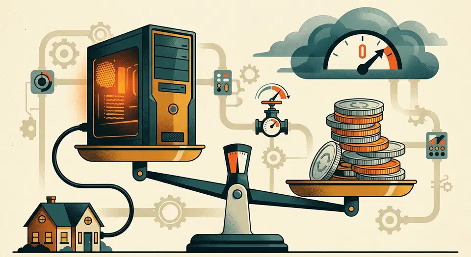 A desktop compute box on a workbench linked to a home outweighs a stack of monthly cloud-bill coins on a balance scale