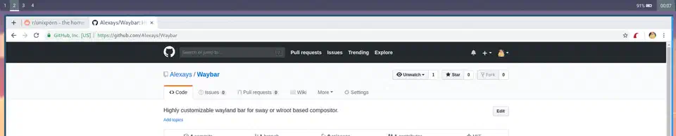 Waybar status bar preview showing workspace indicators, system modules, clock, tray icons, and status widgets across the top of a Linux desktop