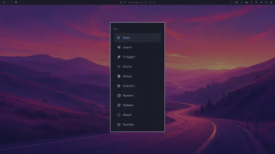 Unified Omarchy menu and command palette open over a tiled Hyprland desktop, listing apps, settings and installers in one searchable list