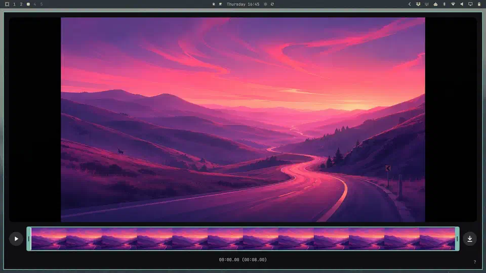 Omacut video trimmer window showing a video preview above a filmstrip of frames with draggable trim handles at each end
