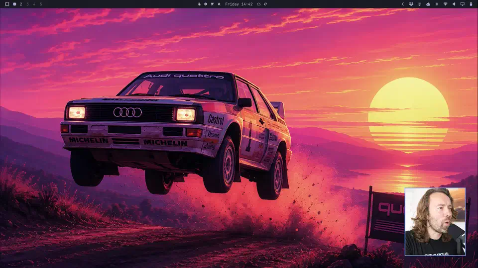 Omarchy Quattro desktop showing the new Quickshell bar across the top with workspaces, clock and tray, over tiled terminal and editor windows in a matching theme