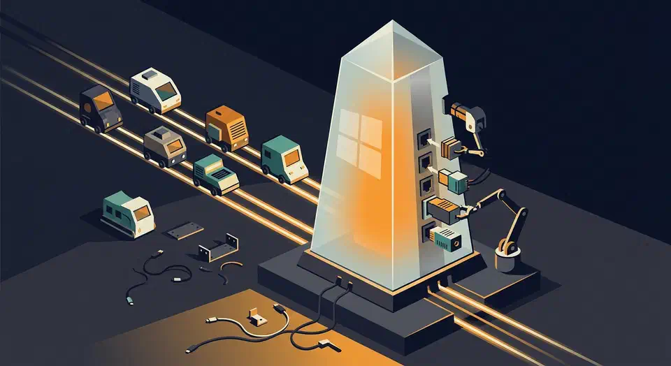 Eight small machine modules sliding along glowing rails into one tall glass obelisk with robotic arms plugging cartridges into its side
