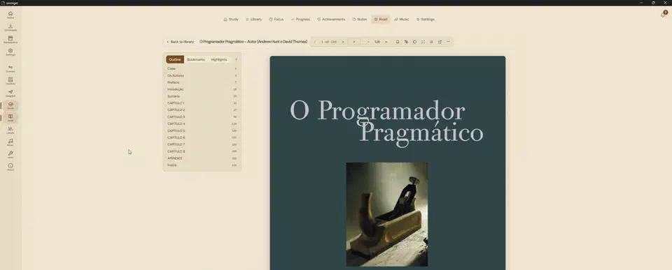 OmniGet reader showing a book cover page beside an outline panel with chapter entries and page numbers, plus bookmarks and highlights tabs