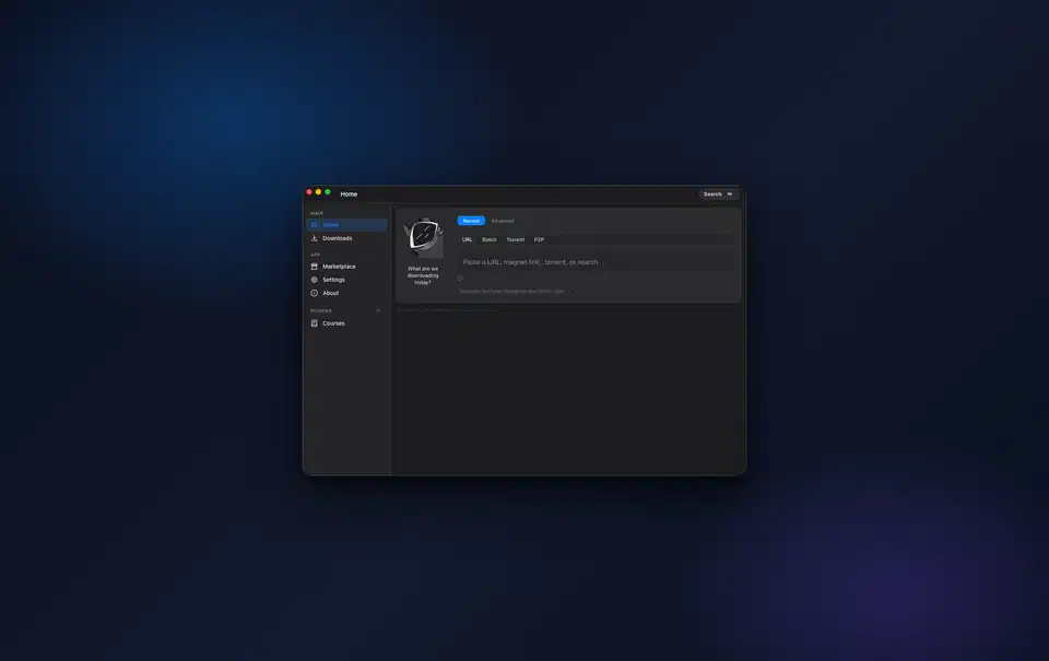 OmniGet home screen with a paste a URL, magnet link, .torrent, or search box and tabs for URL, Batch, Torrent, and P2P