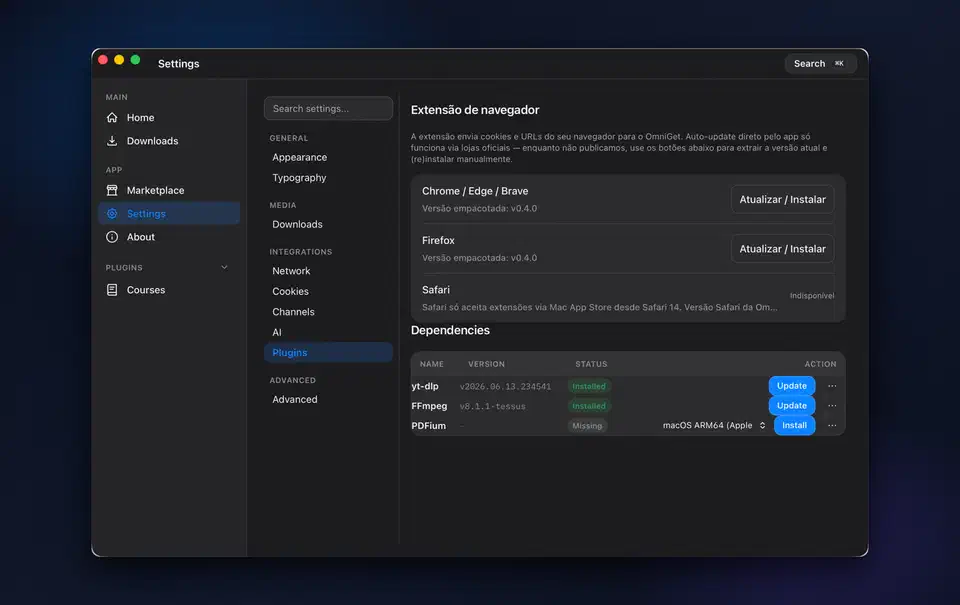 OmniGet settings panel listing yt-dlp and FFmpeg as installed with Update buttons, and PDFium marked Missing with an Install button