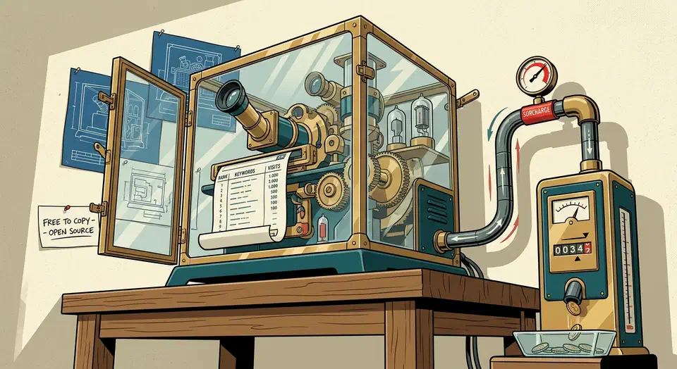 Open glass and brass analytical machine scanning a search ranking chart, its data pipe feeding a coin-operated meter