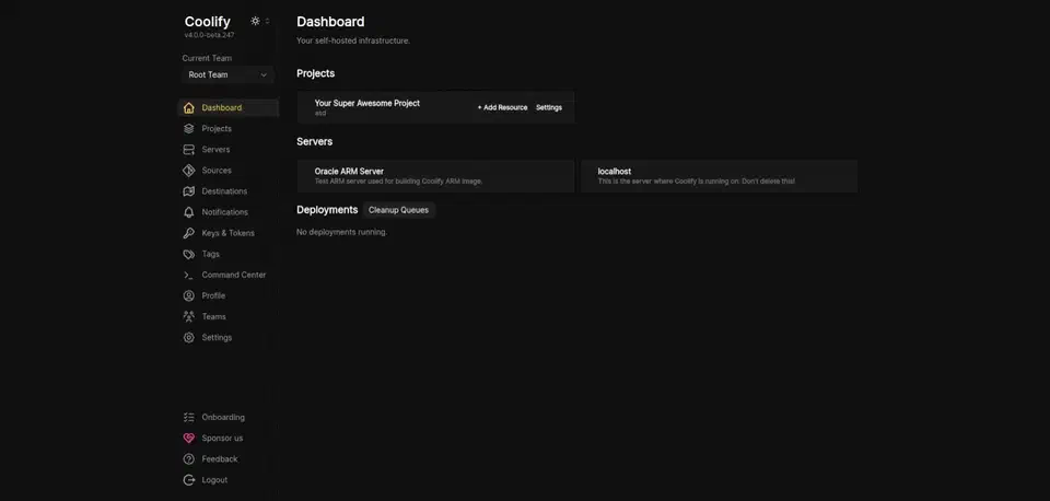 Coolify dashboard listing projects and two servers, one of them named localhost with the note that it is the server Coolify is running on