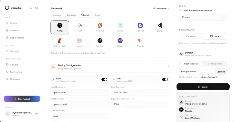 Openship dashboard with Next.js selected under a Fullstack framework picker, install and build commands filled in, and a deploy summary panel showing the domain and build location