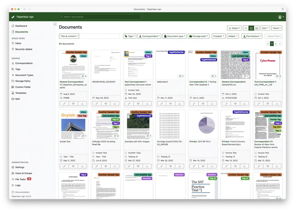 Paperless-ngx document list in small-card view showing thumbnails, tags and correspondents