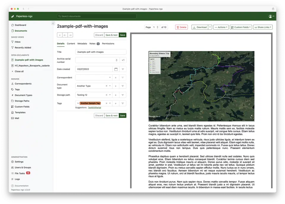 Side-by-side document editing with the scan preview next to the correspondent, type and tag fields