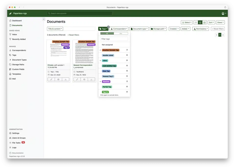Filter panel narrowing the document list by tag, correspondent, document type and date range