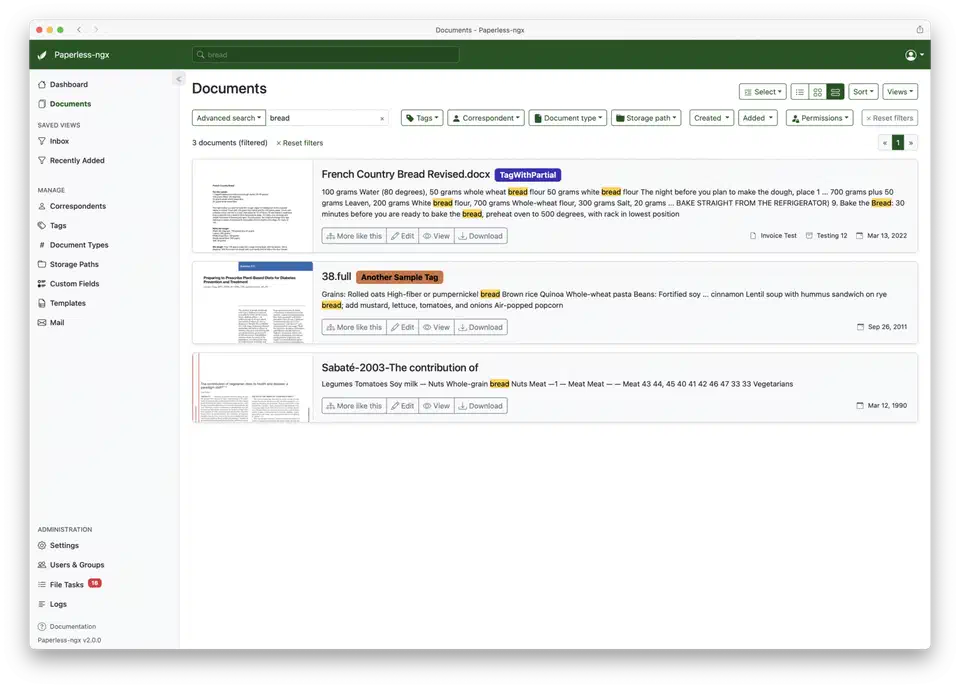 Full-text search results with matched terms highlighted inside document content