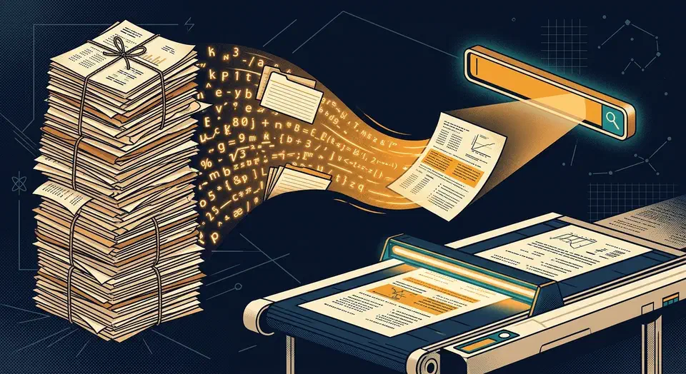 A stack of paper documents dissolving into glowing text that flows into a floating search bar above a scanner light bar