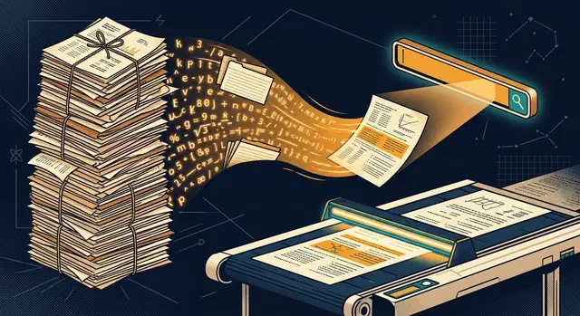 A stack of paper documents dissolving into glowing text that flows into a floating search bar above a scanner light bar