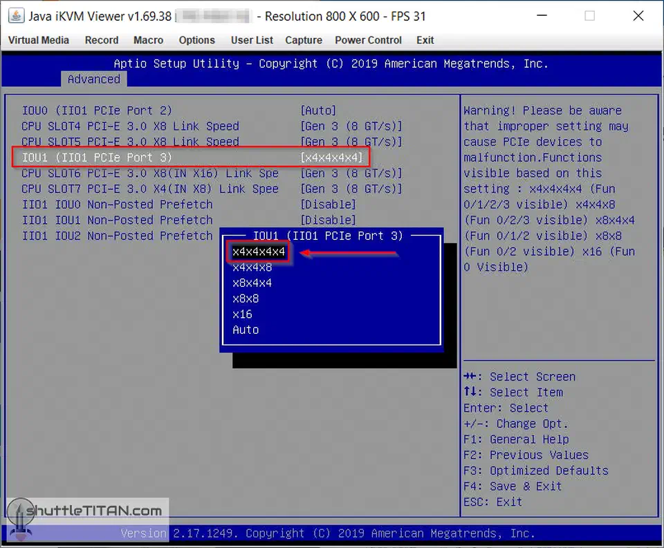 BIOS menu showing PCIe bifurcation configuration options on a Supermicro server board
