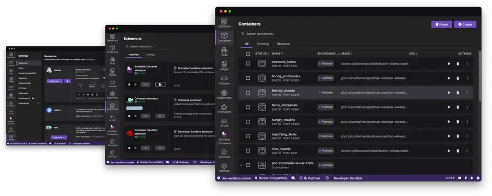 Podman Desktop showing the containers list next to its extensions and Kubernetes settings panels