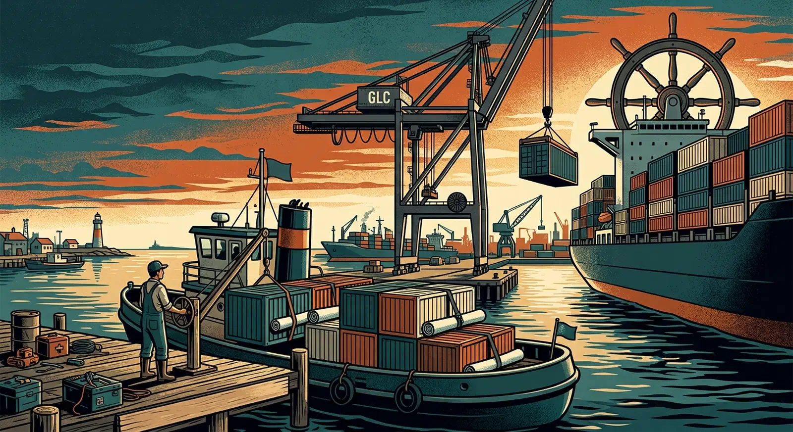 Dockworker loading shipping containers and blueprint scrolls onto a tugboat as a harbor crane turns toward a giant cargo ship