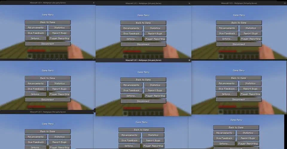 Nine Minecraft 1.21.1 client windows tiled across a desktop, each sitting on the pause menu while connected to the same third-party server