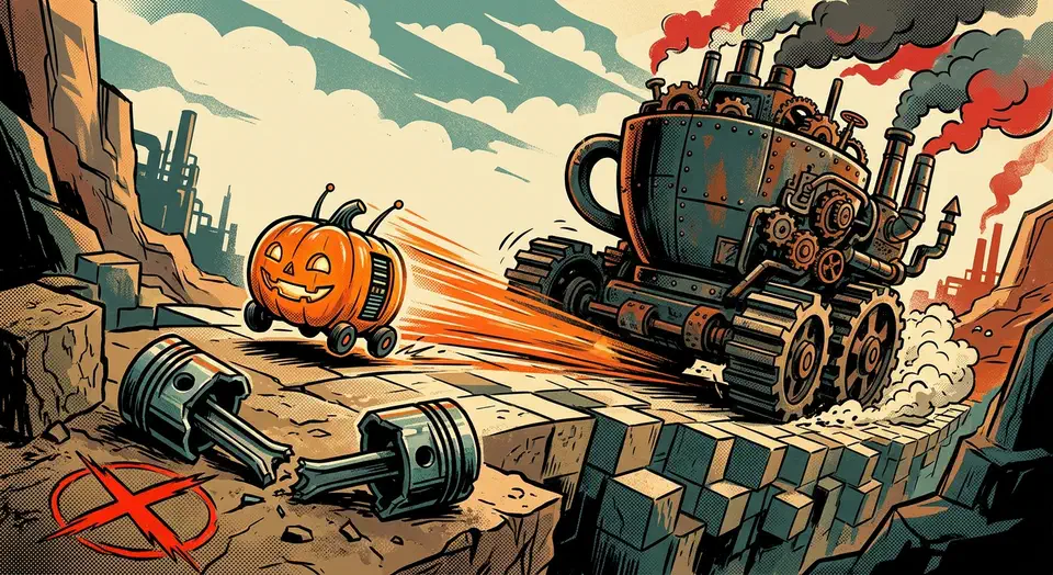 Small orange pumpkin-shaped server racing ahead of a large steam-powered coffee cup machine, with a snapped piston lying in the foreground