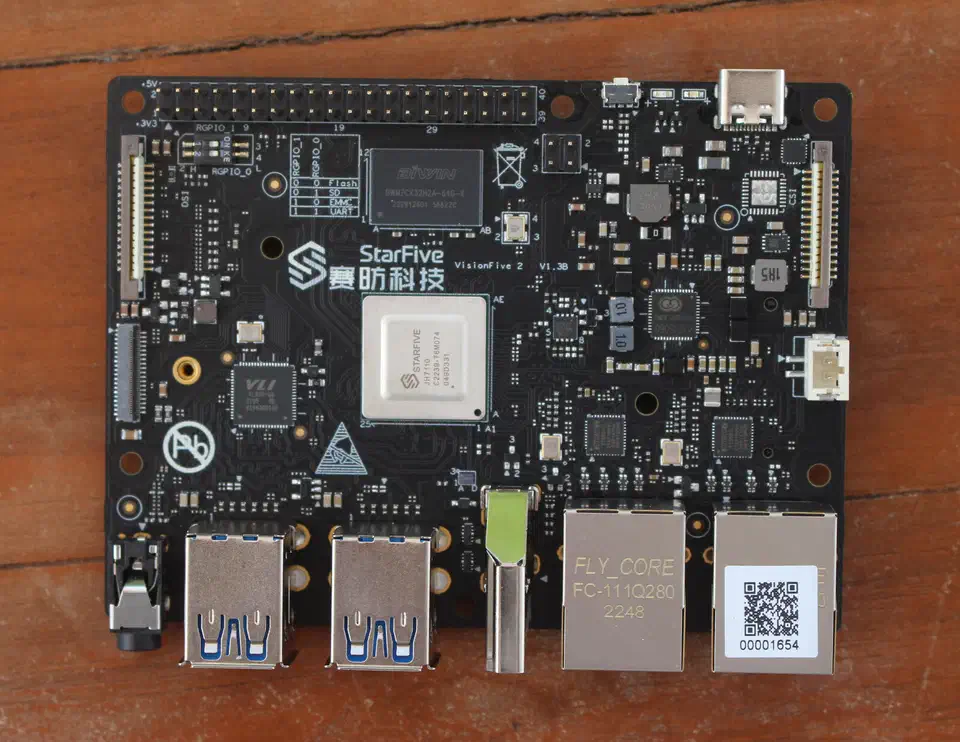 StarFive VisionFive 2 RISC-V SBC top view showing JH7110 SoC, RAM chip, and main components