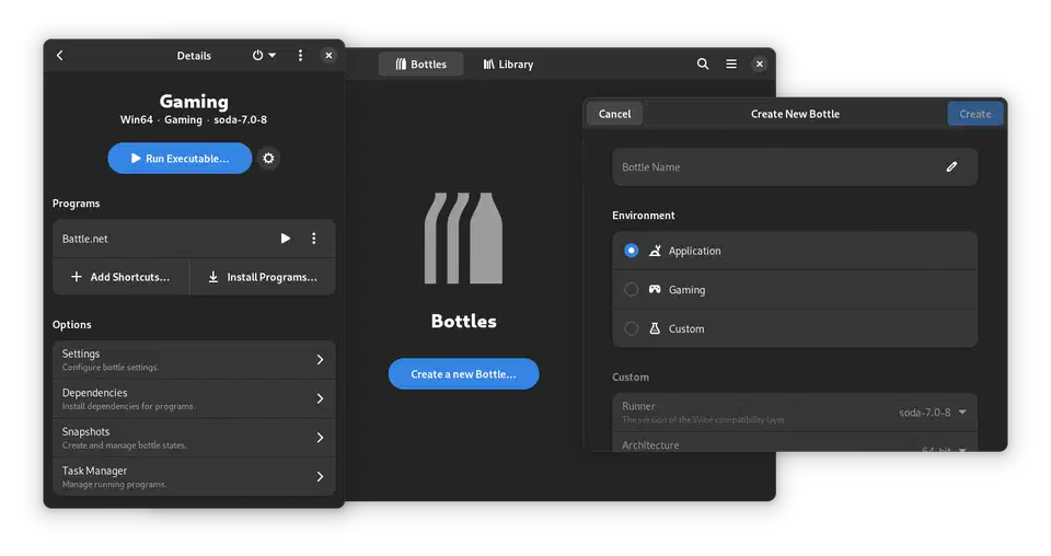 Bottles application interface showing isolated Wine environments with per-bottle configuration options