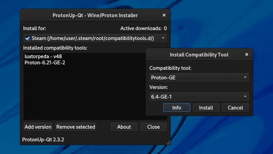 ProtonUp-Qt interface showing available Proton-GE versions for installation