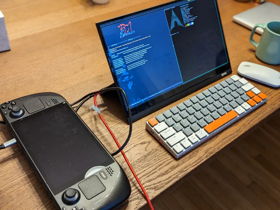Steam Deck handheld running a 4K Linux desktop, showing the KDE Plasma environment that SteamOS drops into outside of Gaming Mode