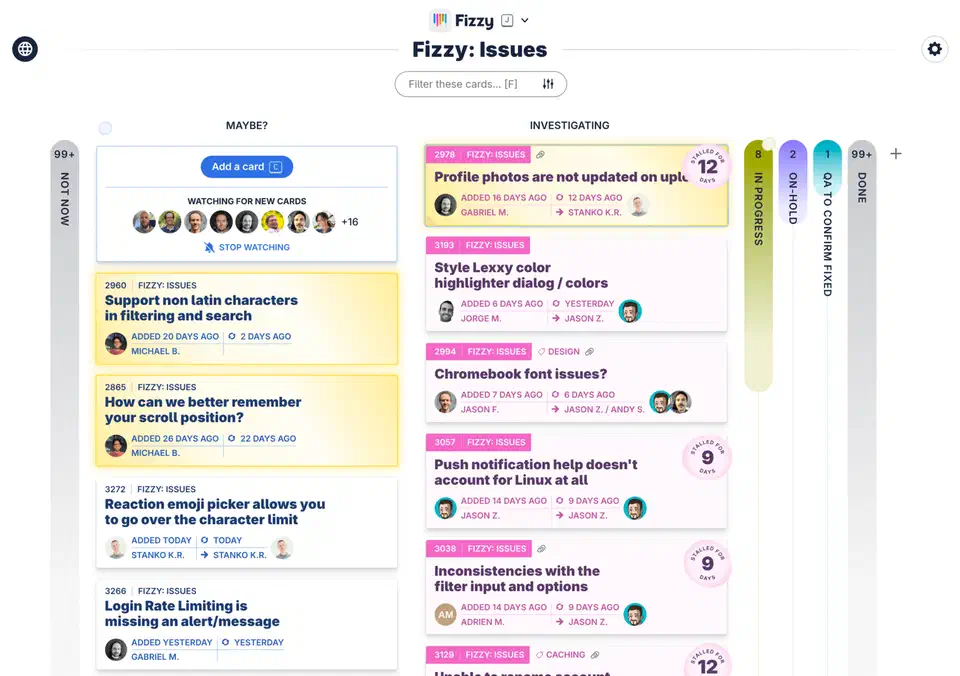 Fizzy issues board with the Maybe and Investigating columns open side by side, closed column tabs stacked on the right, and pink stalled-for-12-days bubbles on two cards