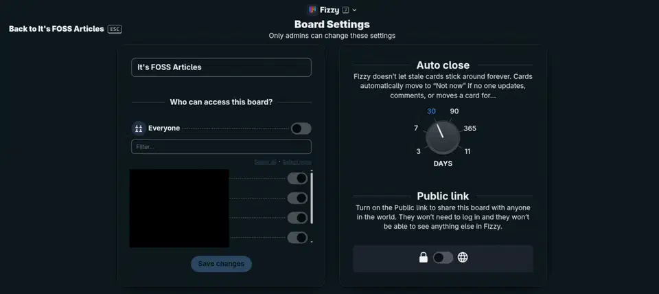 Fizzy board settings page with an access list on the left and an Auto close dial on the right set to 30 days, with 3, 7, 90, 365 and 11 marked around it, above a public link toggle