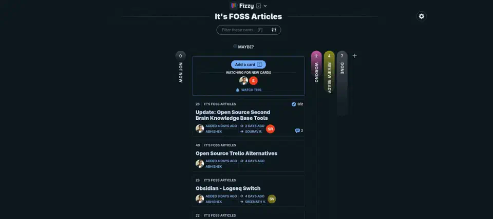 Fizzy board on a dark background with one narrow column of four cards centered on screen and wide empty margins either side