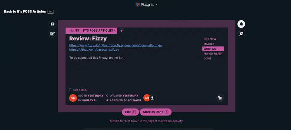 Fizzy card dialog titled Review: Fizzy, showing the card number, board name, assignee avatars, a column list with Working selected, and a footer line saying the card moves to Not Now in 29 days