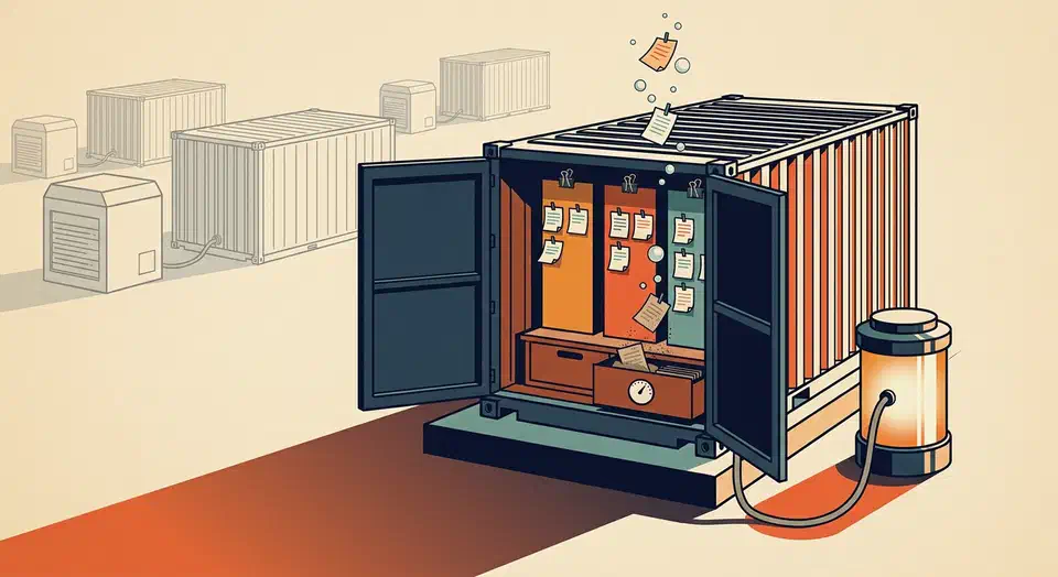 Open shipping container holding a miniature kanban board with colored card columns, wired to a single storage cylinder
