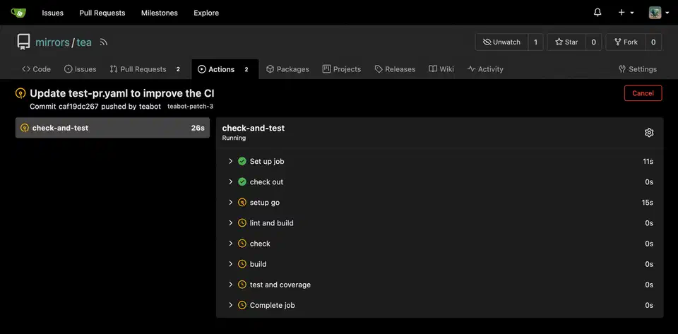 Gitea Actions CI/CD interface showing workflow runs with build status and integrated DevOps pipeline