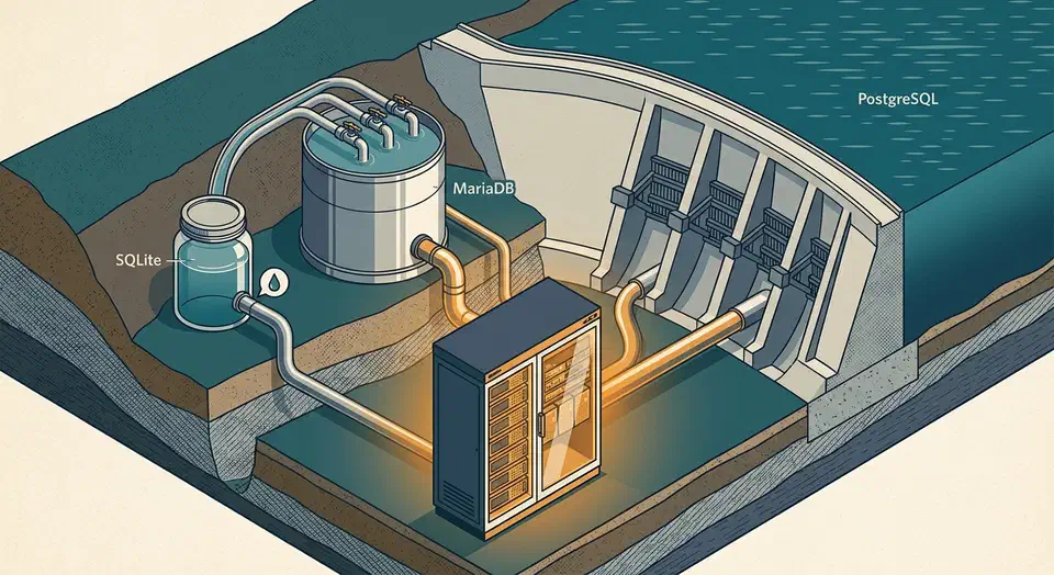 Three differently sized water reservoirs piping into a single server rack, illustrating SQLite, MariaDB, and PostgreSQL scaling ceilings.