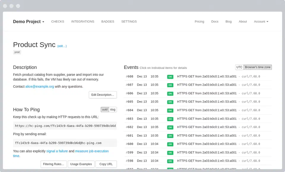Healthchecks.io check details page showing ping history and event log