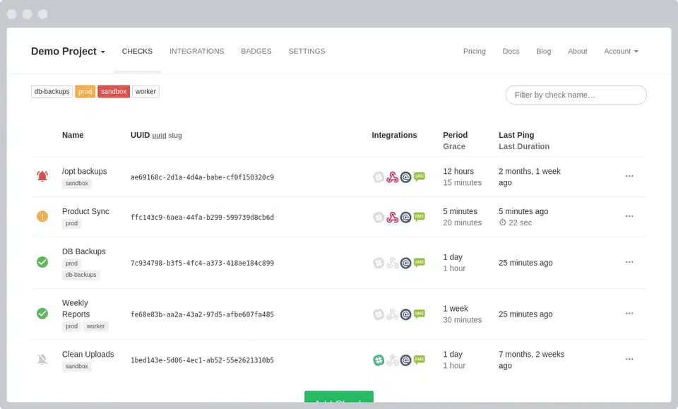 Healthchecks.io dashboard showing monitored cron jobs with status indicators