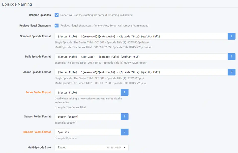 Sonarr episode naming settings with the standard episode format token string and a live preview of the resulting filename