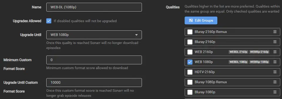 Sonarr quality profile editor showing an ordered list of qualities with the upgrade-until ceiling set to WEB 1080p