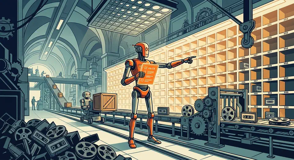 Sonarr TV automation watches for new episodes, hands the work to your download client, then renames and files them where a media server can read them. Automated librarian machine directing a courier robot and a conveyor of media blocks into orderly numbered shelves