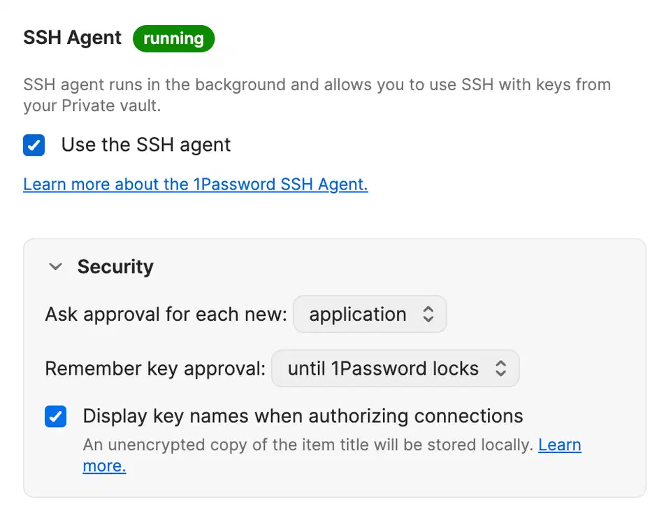 1Password developer settings showing SSH agent configuration