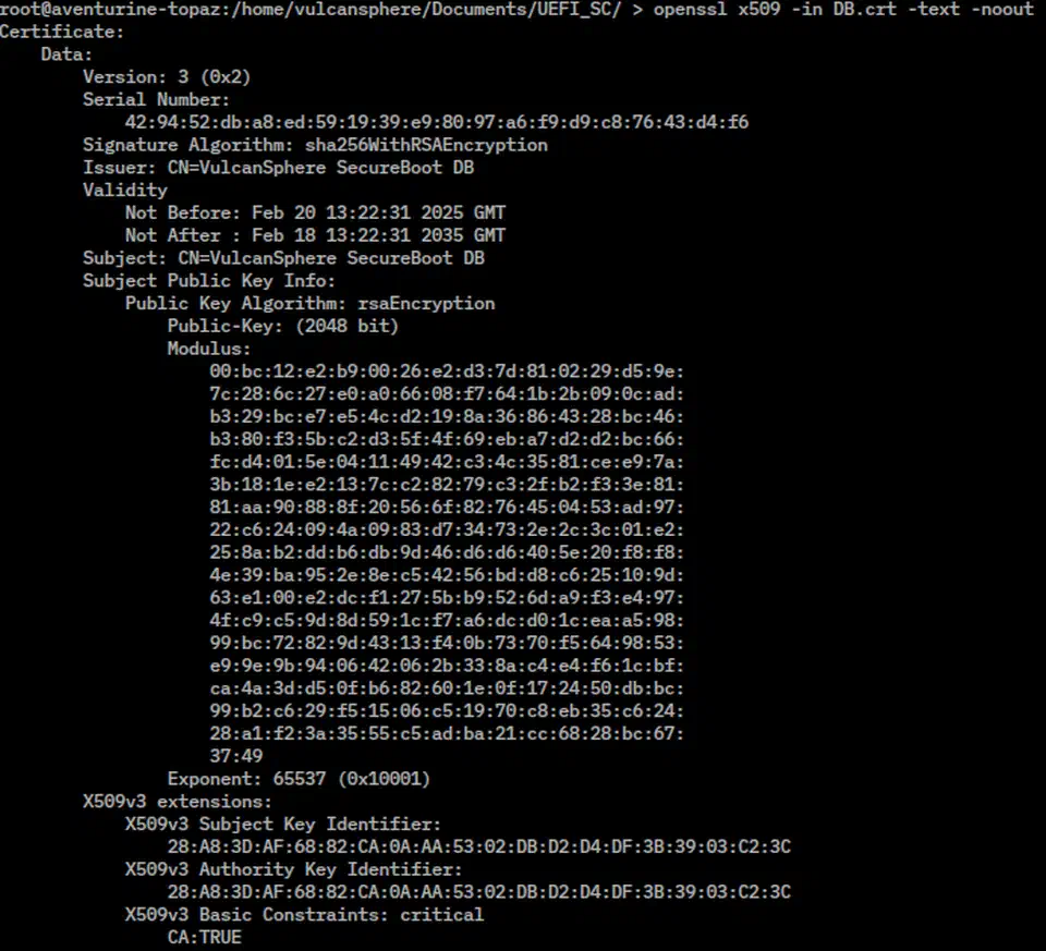 OpenSSL dump of a UEFI Secure Boot db X.509 certificate showing the subject, issuer, and signature fields that end up in the firmware variable