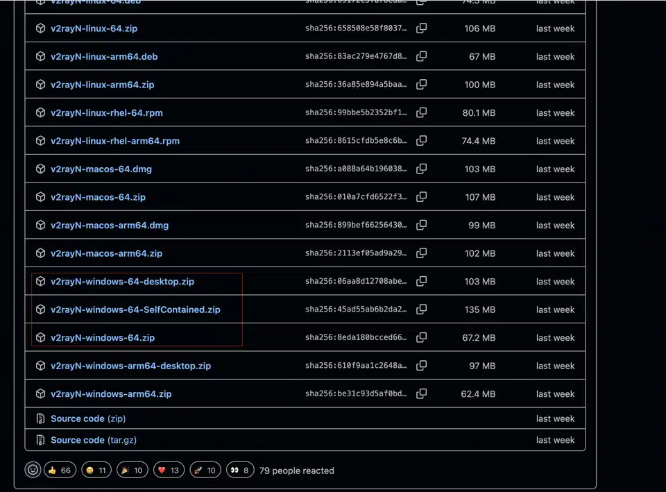 GitHub releases page for v2rayN showing the downloadable Windows assets including SelfContained and Lightweight zip archives with file sizes