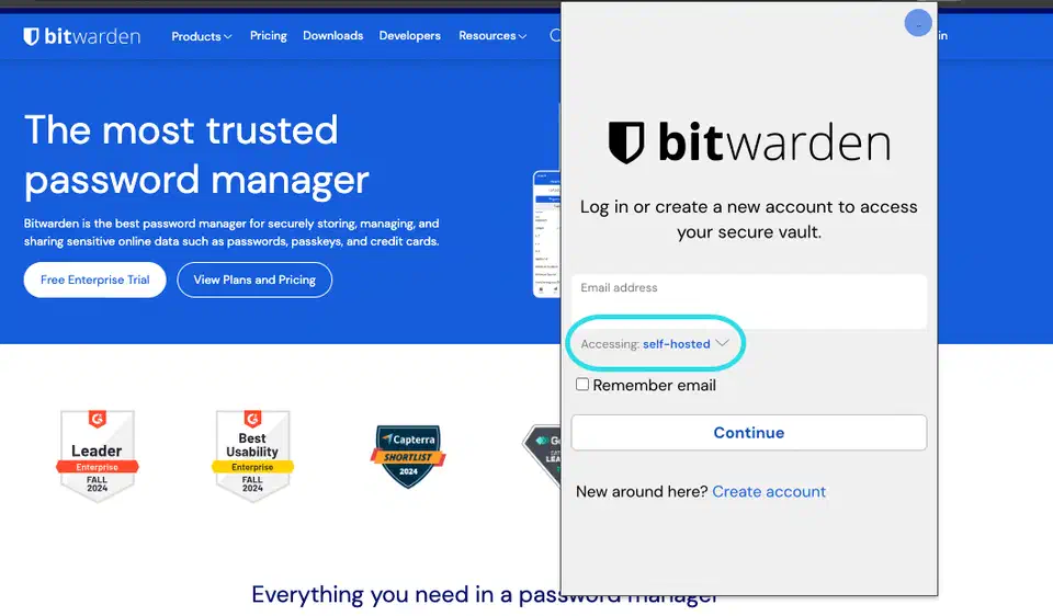 Bitwarden browser extension login popup with the &ldquo;Accessing&rdquo; dropdown set to self-hosted instead of bitwarden.com