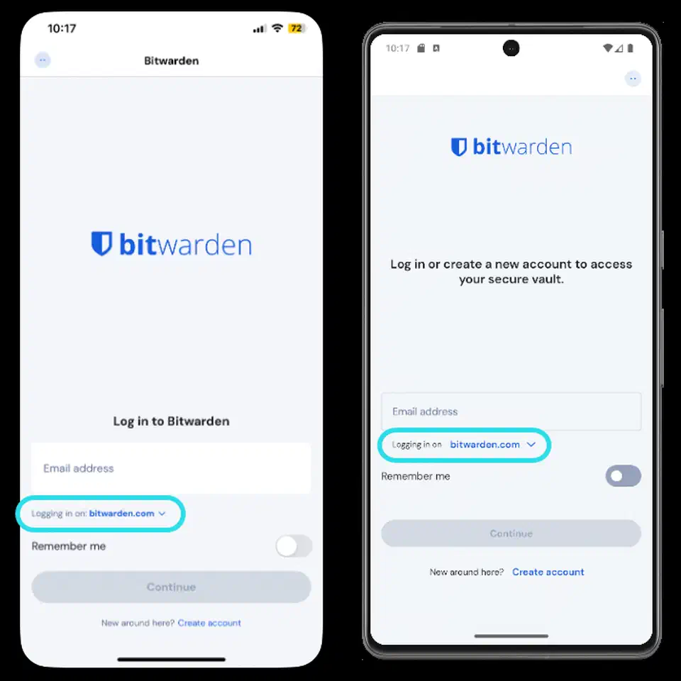 Bitwarden login screens on iPhone and Android, each with the &ldquo;Logging in on&rdquo; server dropdown circled below the email field