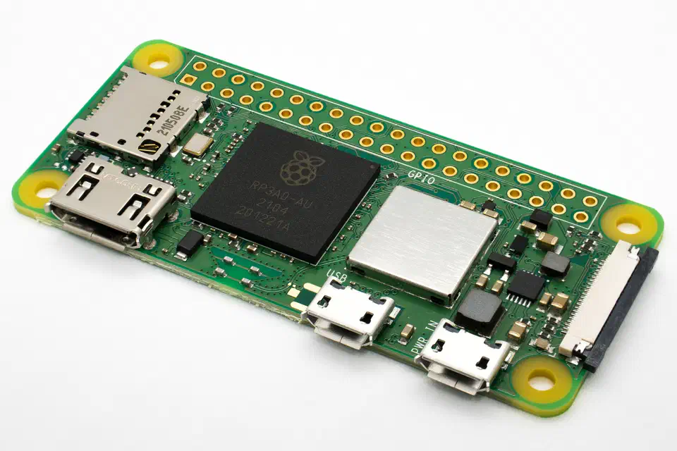 Raspberry Pi Zero 2 W single-board computer photographed from above, showing its mini HDMI port, micro USB ports and 40-pin header