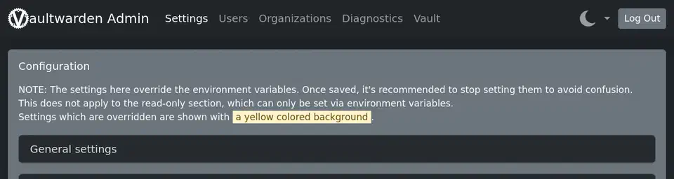 Vaultwarden admin page header with Settings, Users, Organizations, Diagnostics and Vault tabs above the configuration panel
