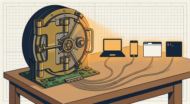 A miniature bank vault door bolted onto a small circuit board, with cables running to a laptop, phone, browser, and terminal