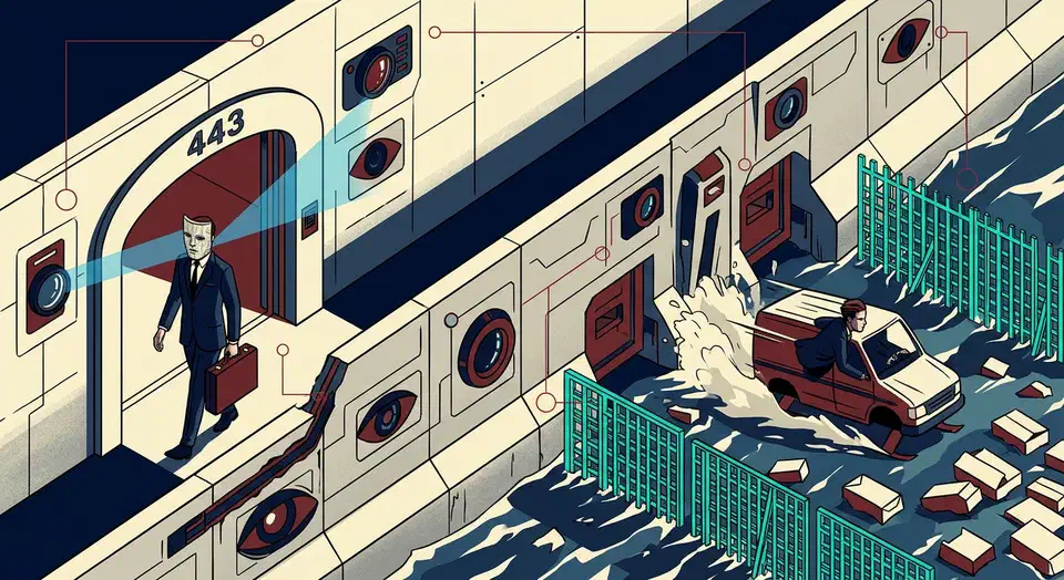 VLESS Reality vs Hysteria 2 on stealth, speed, and blocking. Reality survives networks that kill UDP; Hysteria 2 wins on lossy, congested links. Two disguised couriers approach a censorship wall: one walks through gate 443 wearing a borrowed building facade mask, the other speeds across choppy water toward closing sluice gates