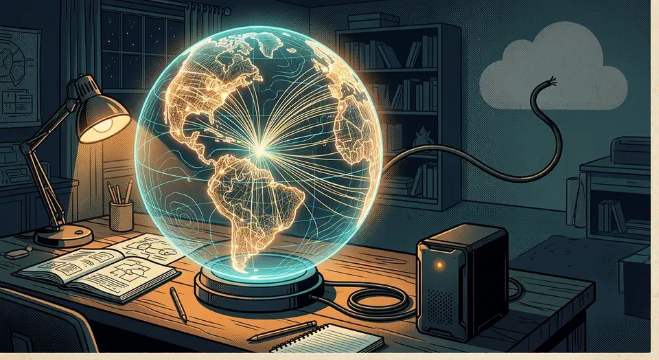 Glowing wireframe globe on a home study desk with news feed filaments streaming in, wired to a small local server tower