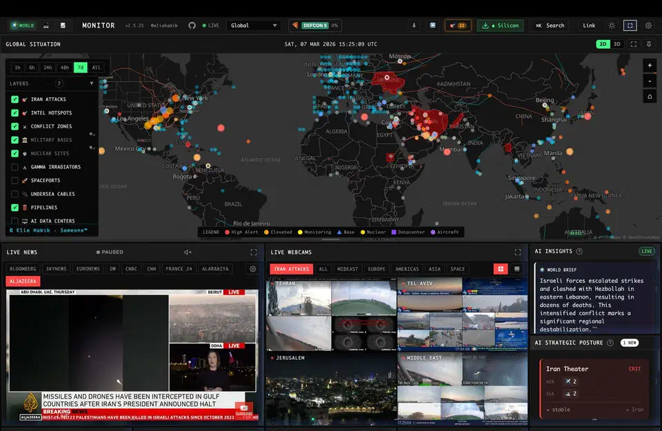 World Monitor dashboard showing a dark world map with conflict zones and alert dots, a layers checklist on the left, and live news, webcam grid, and AI insights panels along the bottom